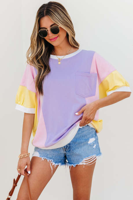 Paars Color Block Patchwork Half Sleeve Oversized T-shirt