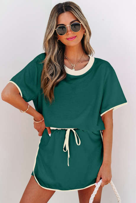 Evergreen Colorblock Edge Drop Shoulder T-shirt en Skort 2-delige set
