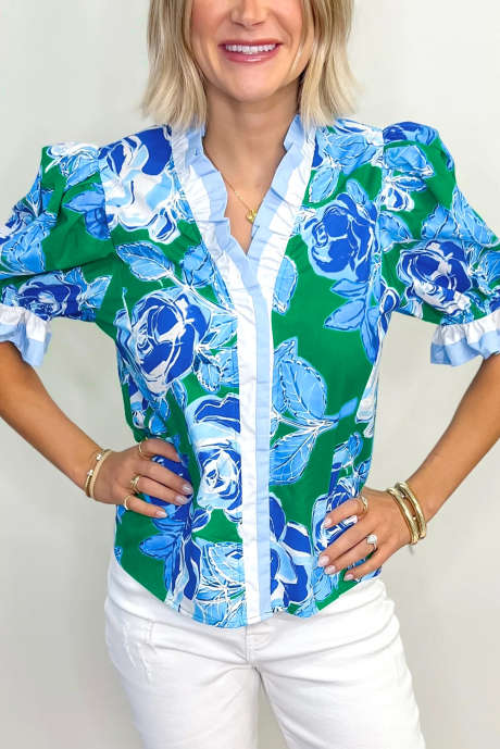 Bright Green Floral Frilled V Neck Short Sleeve Blouse Top