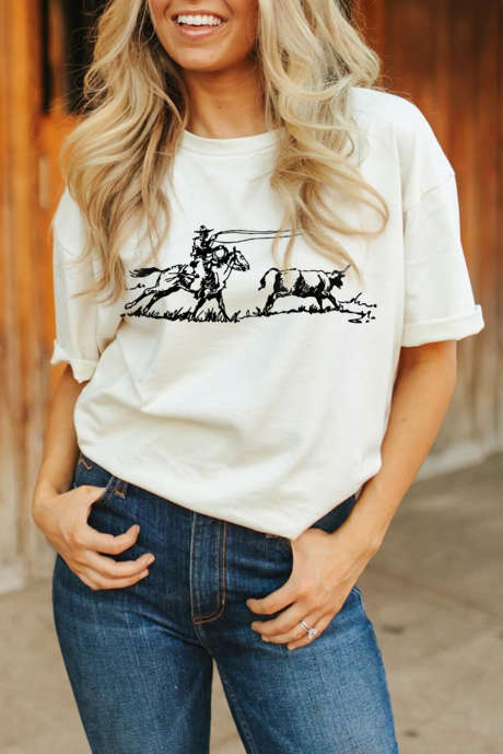 T-shirt décontracté blanc à imprimé Western Rodeo