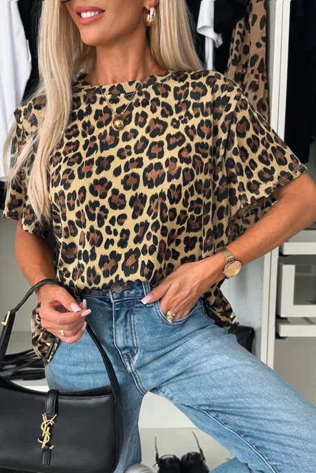 Khaki Cheetah Print Round Neck Loose Fit T Shirt