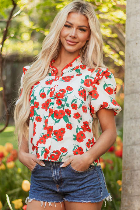 Elegantní letní košile s nařaseným nabíraným rukávem s červeným květinovým potiskem LC2556375-P10320