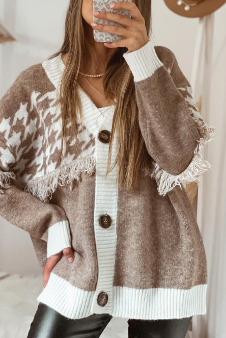 Cardigan boutonné à col en V et bords bruts, motif pied-de-poule kaki