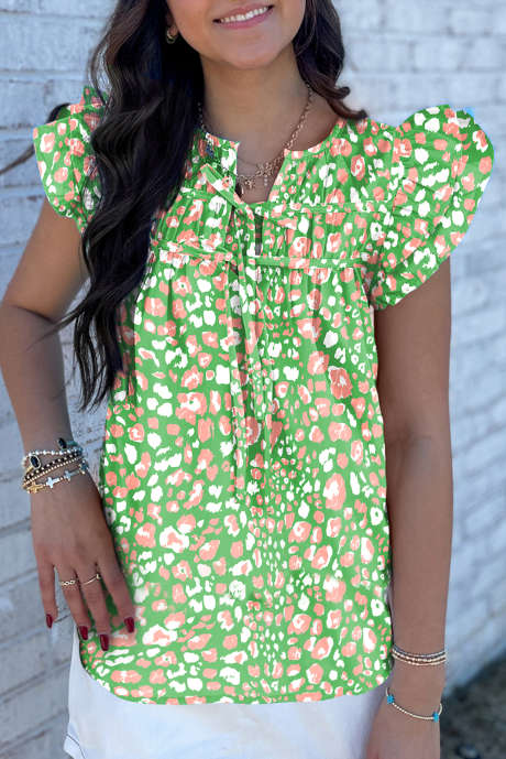 Groene abstracte luipaardblouse met geknoopte voorkant en fladdermouwen