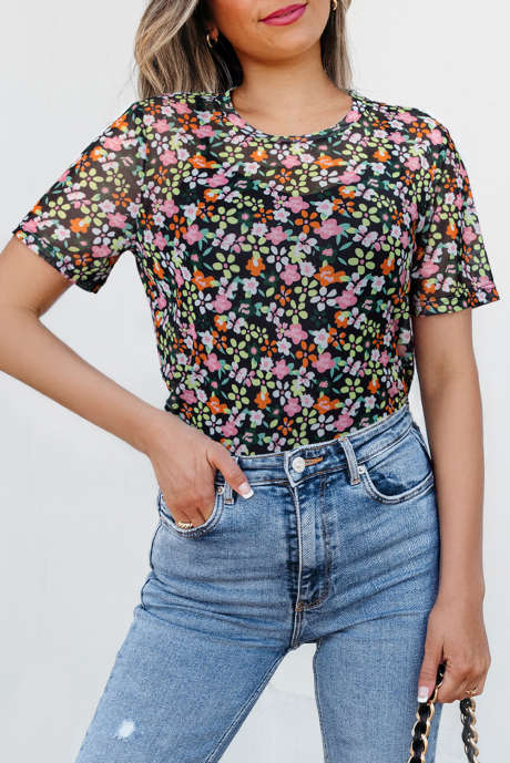 Zwarte doorschijnende bloemen mesh ronde hals T-shirt