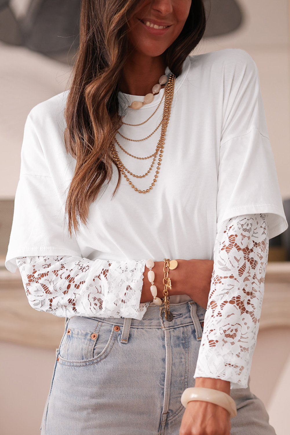 $5.15 White Lace Long Sleeve Insert Drop Shoulder Tee Wholesale