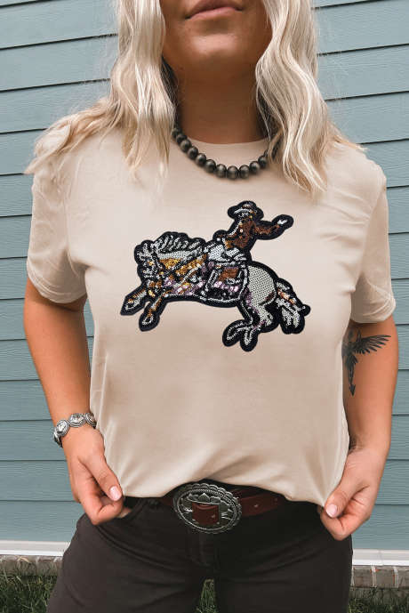 Maglietta girocollo con grafica Rodeo e paillettes color cachi