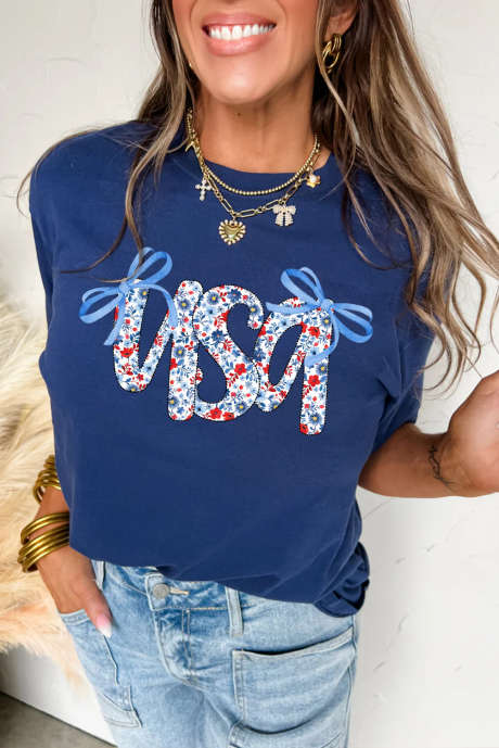 Blue Bow Floral usa Letter Print Independence Day T Shirt