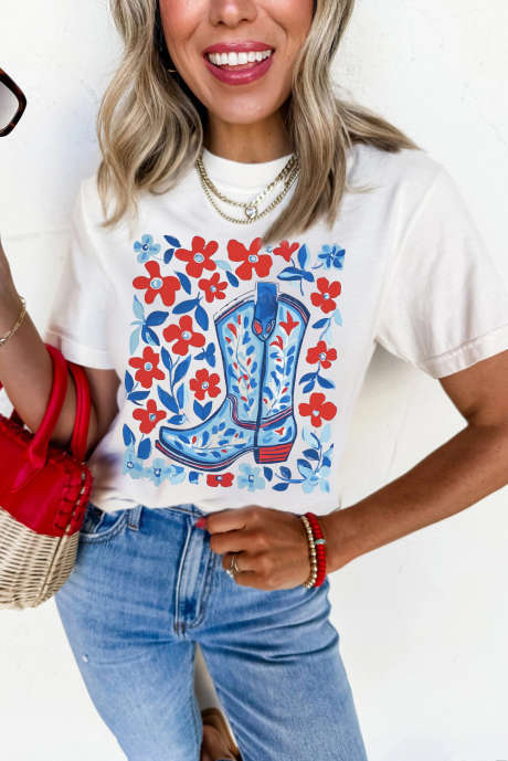 Wit T-shirt met bloemenprint en westernlaarzen van katoenmix