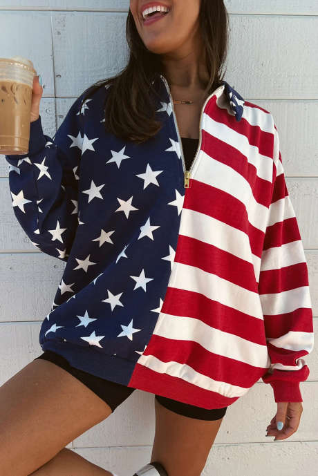 Večbarvna pulover z zvezdami in črtami, ameriška zastava, zadrga, ovratnik