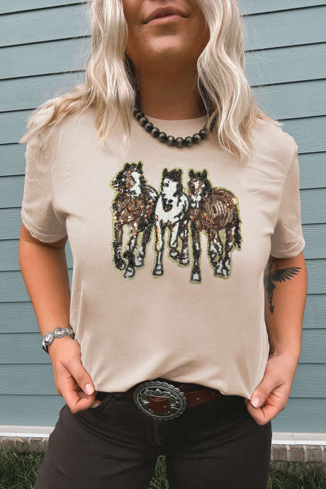 Khaki Sequin Horses Patched Casual T Shirt z okrągłym dekoltem
