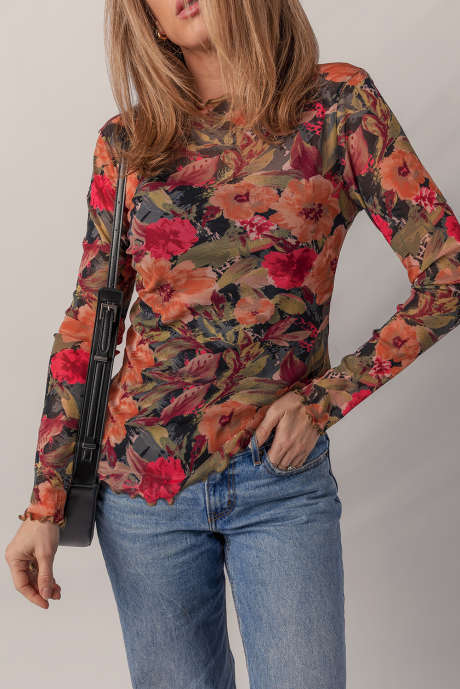 Top de malla de manga larga con ribete de lechuga y estampado floral multicolor