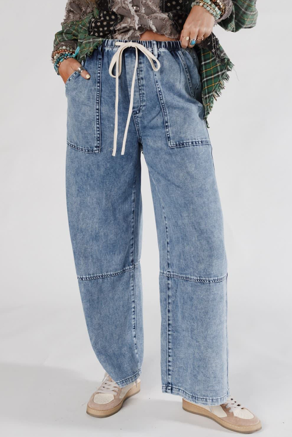 【WOOHWA】WASHED STRAIGHT PT $13.49 Ashleigh Blue Acid Wash Exposed Seam Drawstring High