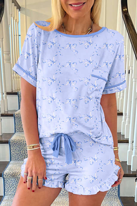 Sky Blue  Bow Printed Ruffled Short Lounge Set