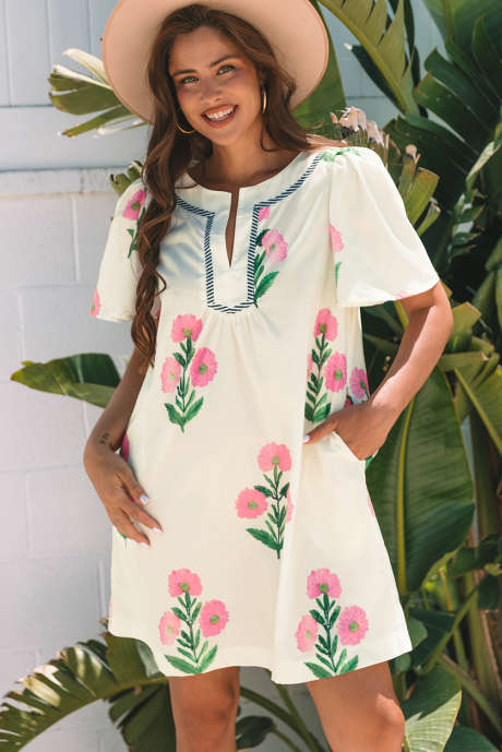 Mini abito ampio con scollo a V e maniche corte a fiori albicocca