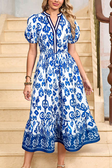 Vestido largo azul floral de manga corta abullonada con escote en V y cintura alta