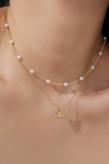 Gold Bow Pendant Pearl Beads Double Layer Necklace