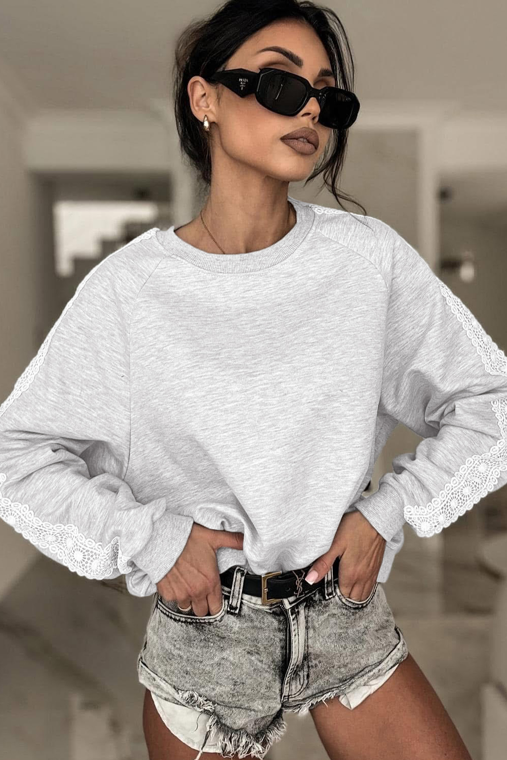 $7.67 Light Grey Lace Patchwork Raglan Sleeve Crew Neck