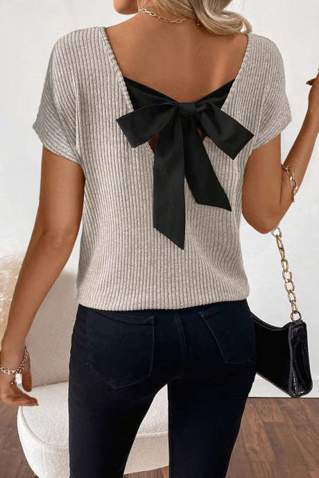 Gray Morn Ribbed Short Sleeve V Neck Colorblock Bow Back Top