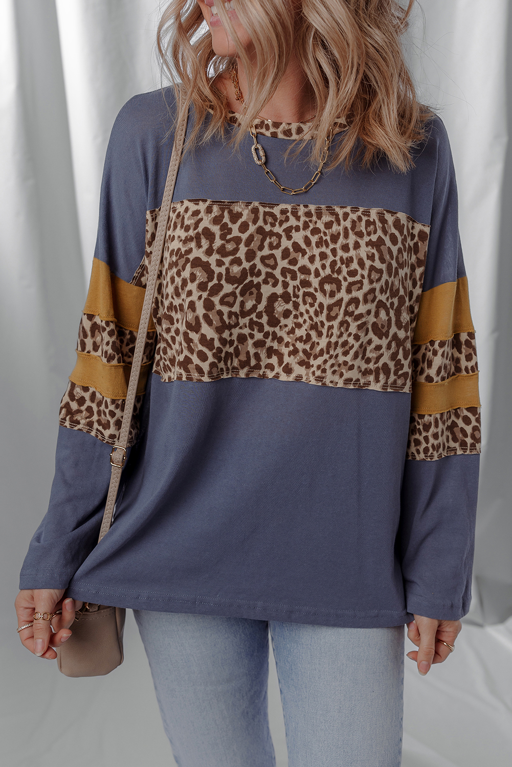 $6.53 Dark Blue Leopard Colorblock Patchwork Long Sleeve