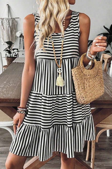 Black Stripe U Neck Sleeveless Loose Fit Mini Dress LC6125276-P219