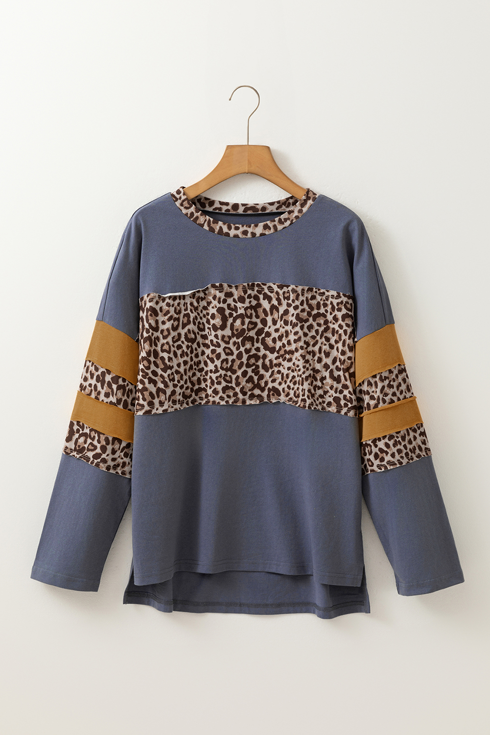$6.53 Dark Blue Leopard Colorblock Patchwork Long Sleeve