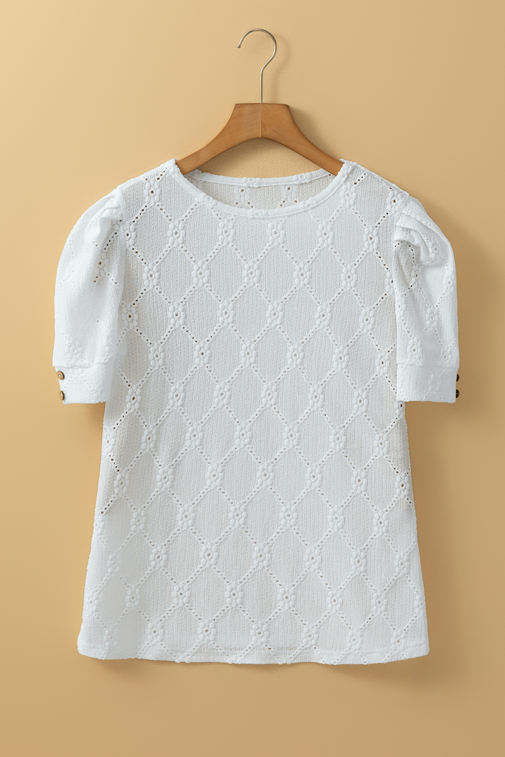 $3.9 White Flower Geometric Textured Button Short Sleeve Top