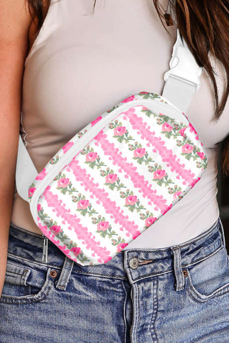 Hvit blomstertrykk spenne bred stropp sling bag