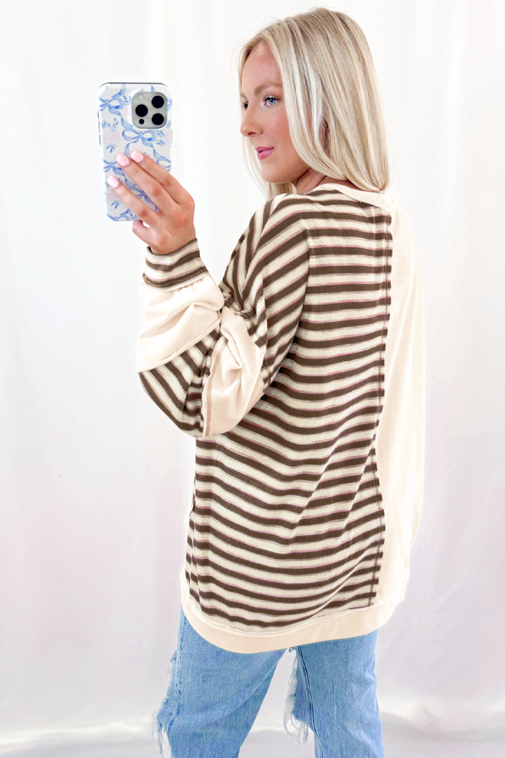 $9.02 Khaki Stripe Stitched Detail Color Block Patchwork