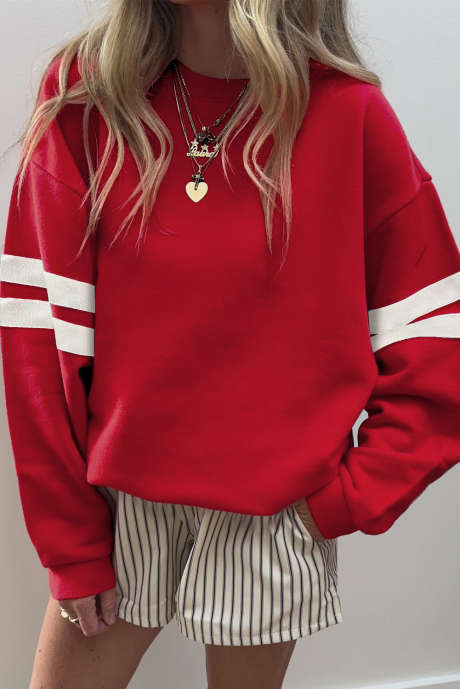 Sweat-shirt oversize à rayures universitaires rouge vif et épaules tombantes
