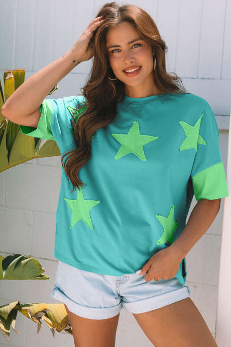 Aruba Blue Frayed Denim Star Patched Oversize T-shirt