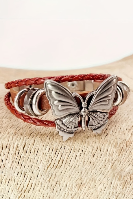 Mineral Red Retro Butterfly Decor Exotic Faux Leather Braided Snap Button Bracelet