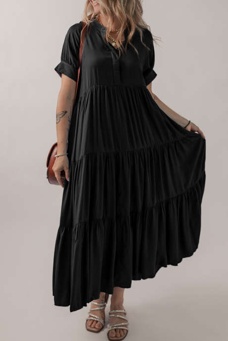 Black Hidden Buttons Short Sleeve Ruffle Tiered Long Flared Dress