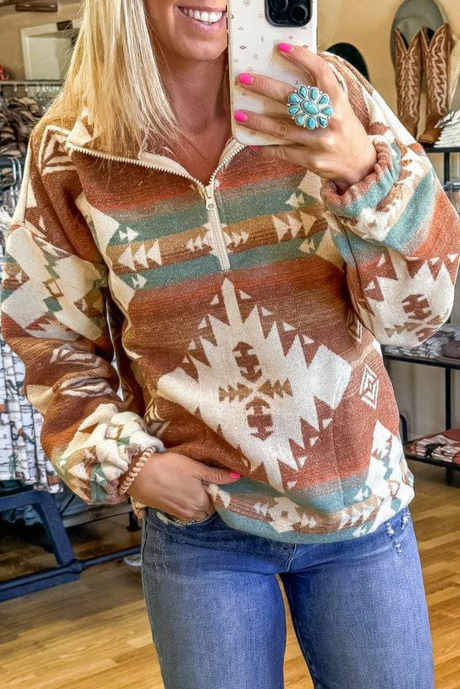 Khakifarbenes Sweatshirt mit Viertelreißverschluss und elastischen Bündchen im Aztekenmuster