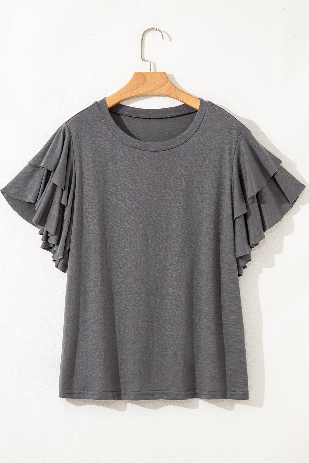 $4.95 Dark Grey Double Ruffled Short Sleeve Plus Size Top Wholesale