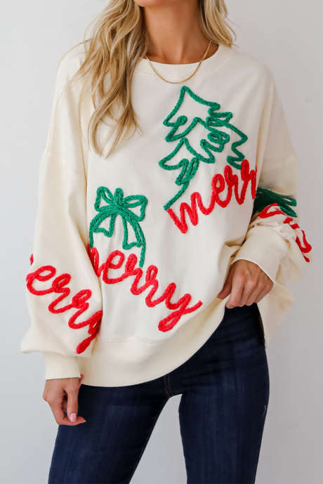 Sudadera extragrande con estampado navideño y cordón beige