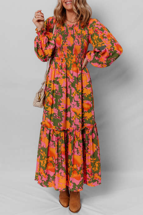 Robe longue à volants et manches bouffantes à fleurs orange