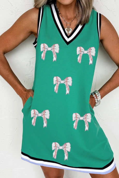 Robe débardeur à col en V et détails contrastés à rayures vert menthe, style baseball pailleté