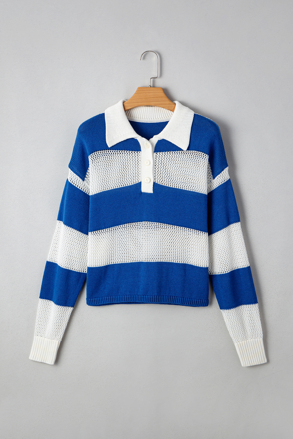 $9.77 Blue Stripe Colorblock Polo Collar Eyelet Crochet