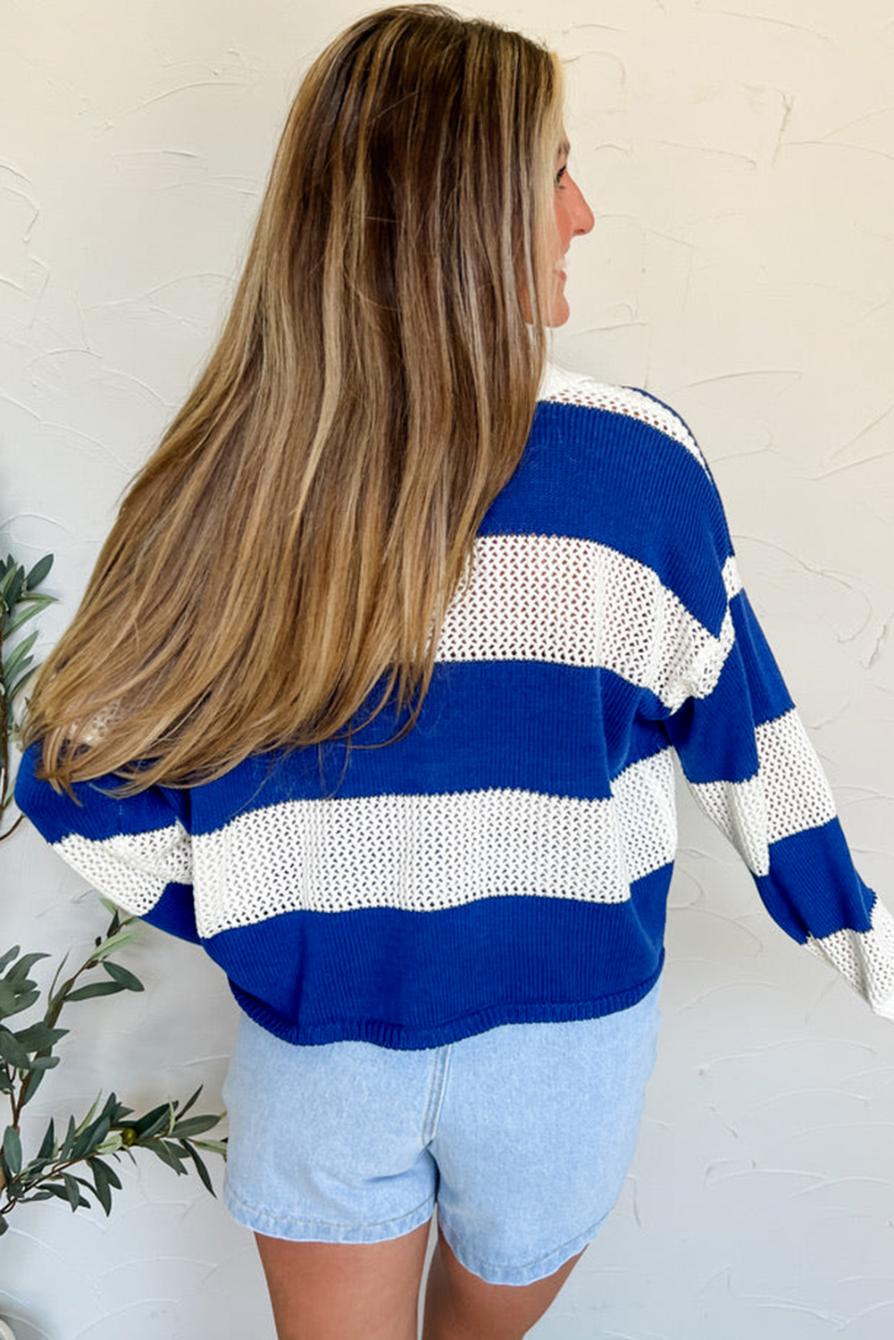 $9.77 Blue Stripe Colorblock Polo Collar Eyelet Crochet