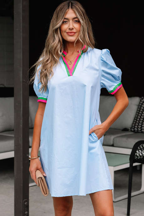 Myosotis Mini abito a righe a contrasto con scollo a V e maniche a sbuffo