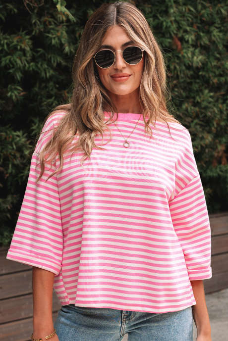 Pink Stripe Bowknot Cutout Back Drop Shoulder Wide Bracelet Sleeve Loose Tee