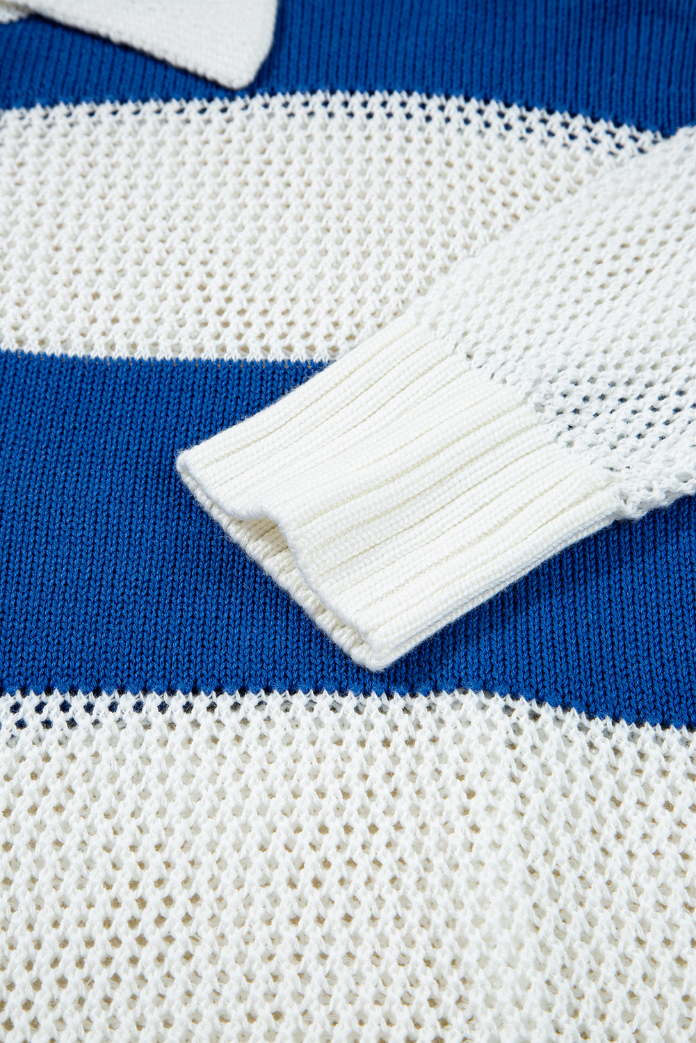 $9.77 Blue Stripe Colorblock Polo Collar Eyelet Crochet