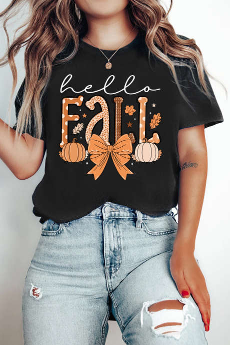 Μαύρο μπλουζάκι Hello Fall Thanksgiving με γραφικό φιόγκο και κολοκύθα