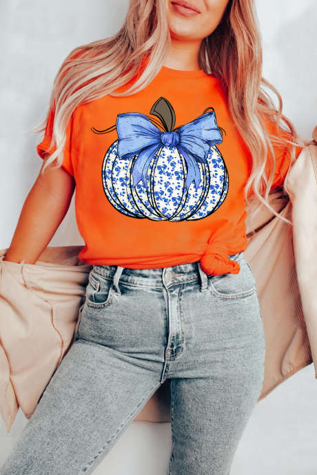 T-shirt de Thanksgiving à imprimé citrouille et nœud floral orange