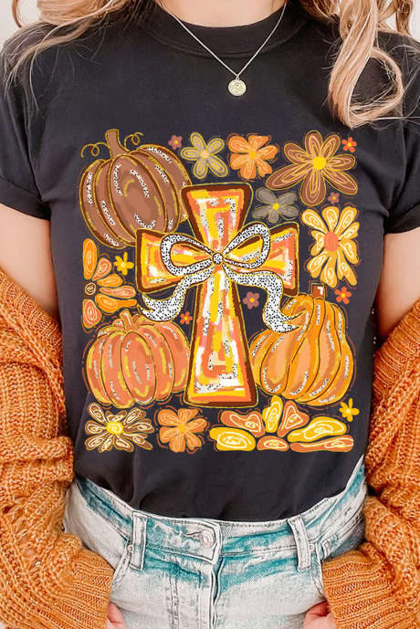 Schwarzes Thanksgiving Pray Cross Kürbis Grafik Baumwollmischung T-Shirt