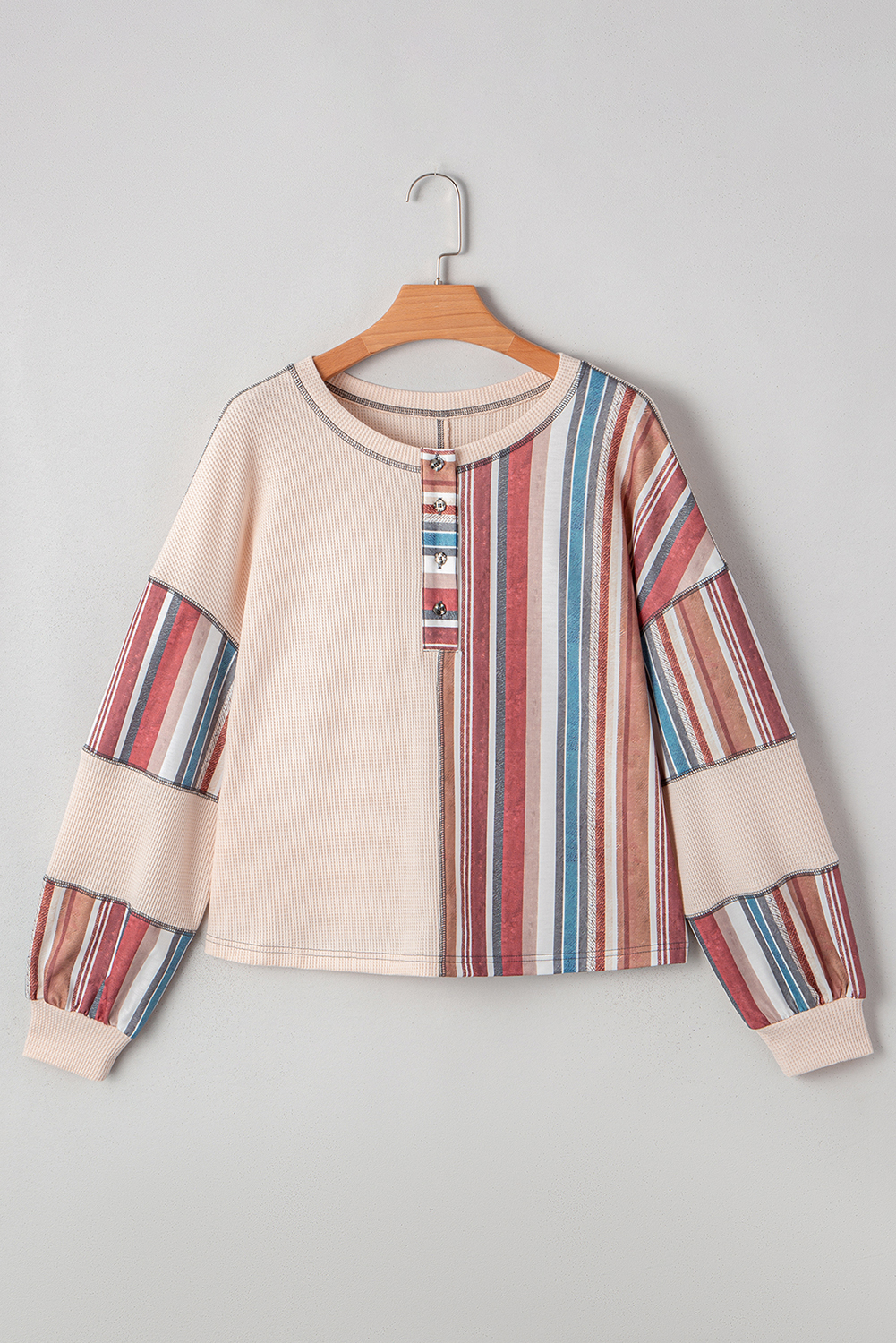 $6.9 Beige Striped Waffle Patchwork Exposed Seam Raw Edge