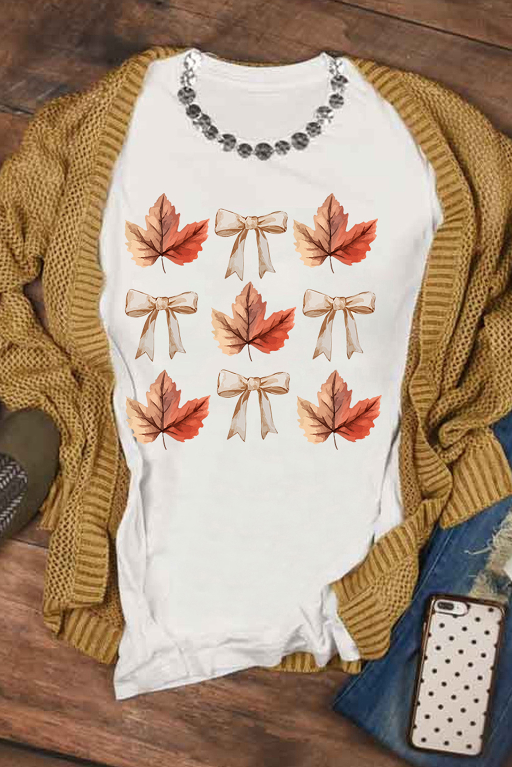 $5.7 White Fall Leaf Bow Print Thanksgiving T Shirt Wholesale