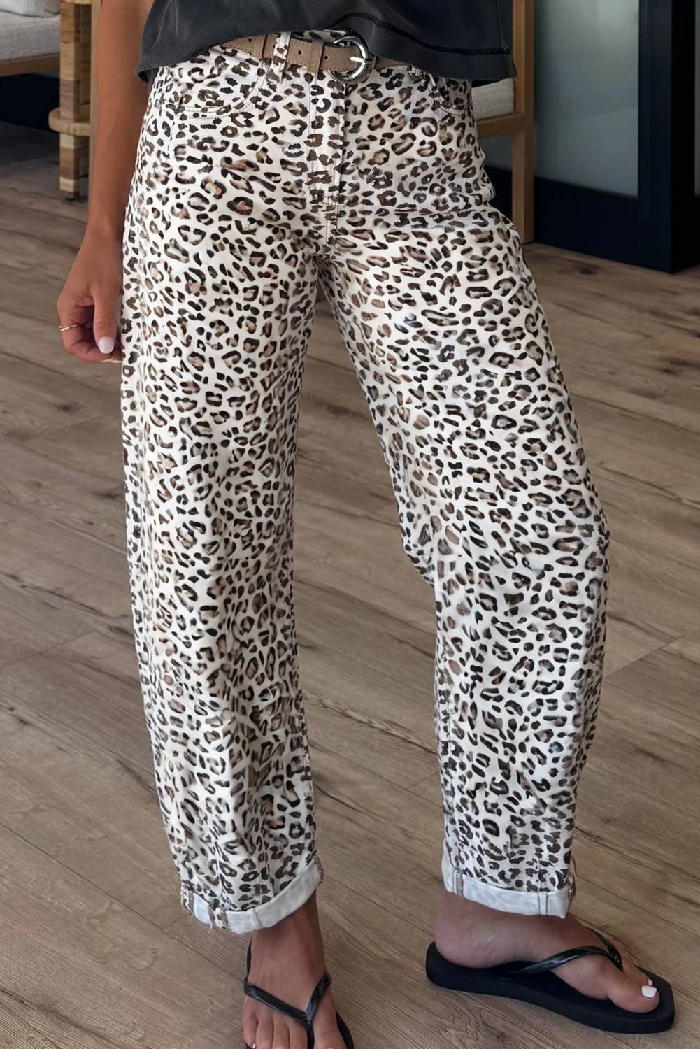 Black Leopard Print Barrel Jeans