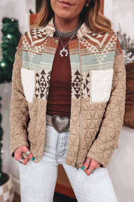 Helle französische beige Azteken-Steppjacke im Patchwork-Stil im Westernstil